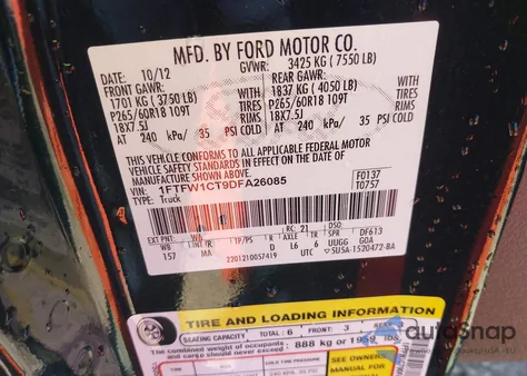 2013 Ford F-150 Xlt from USA, damaged, VIN 1FTFW1CT9DFA26085